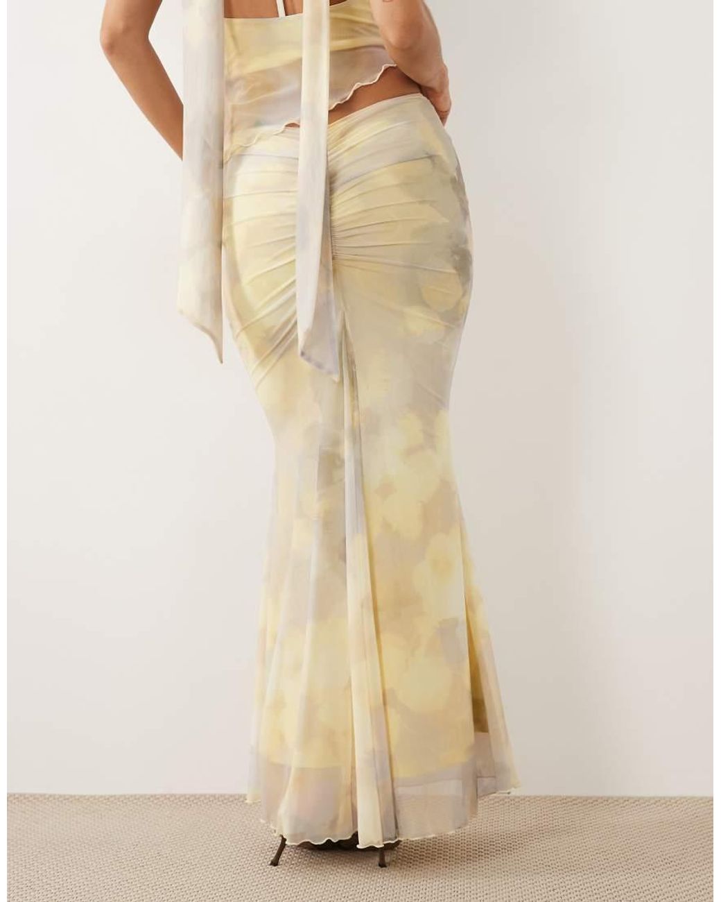 ASOS Natural Printed Mesh Draped Maxi Skirt