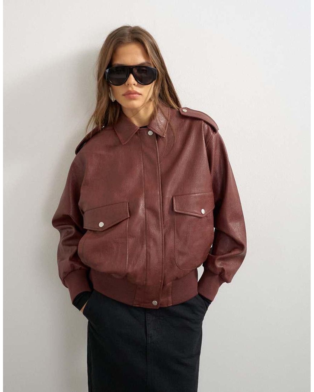 TOPSHOP Brown Oversized Faux Leather Bomber Jacket
