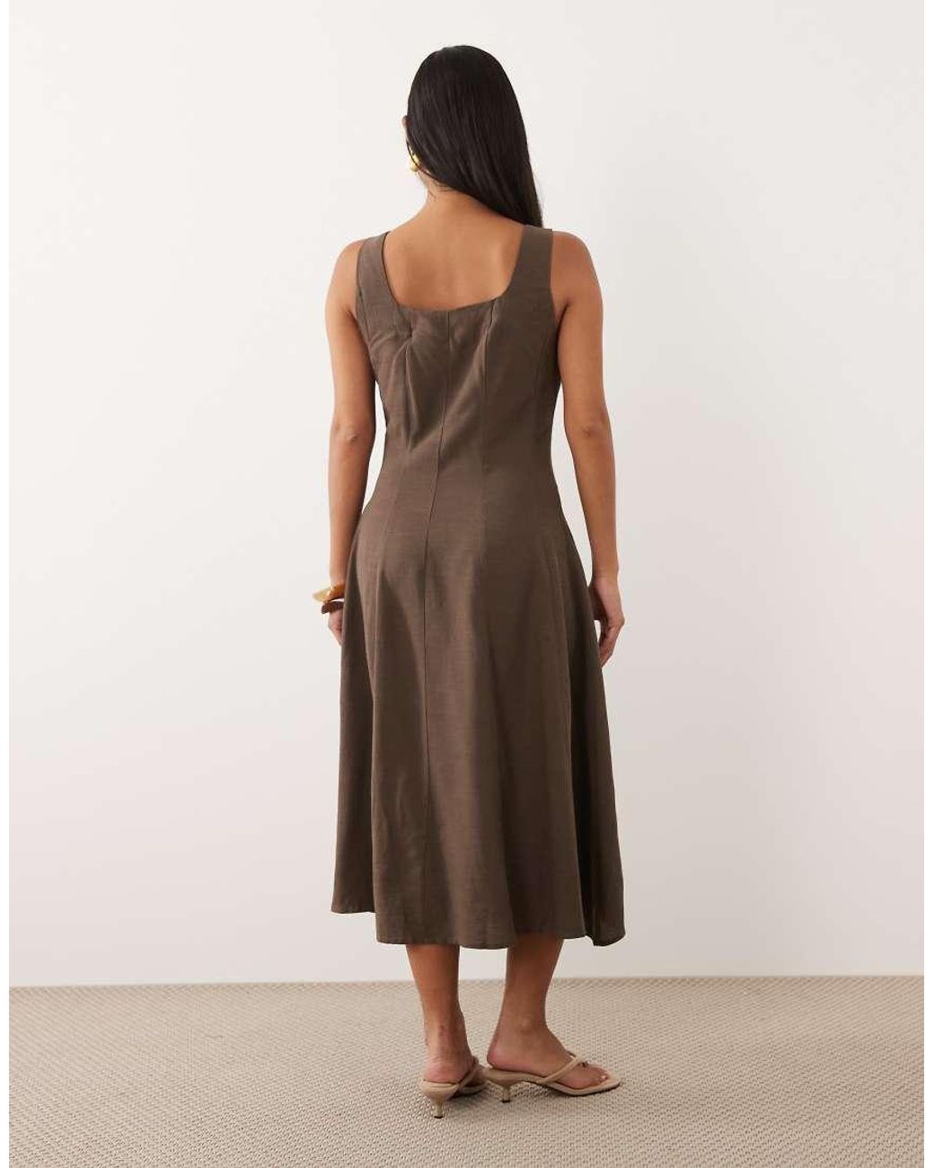 Vila Brown Square Neck Linen-Touch Midi Dress