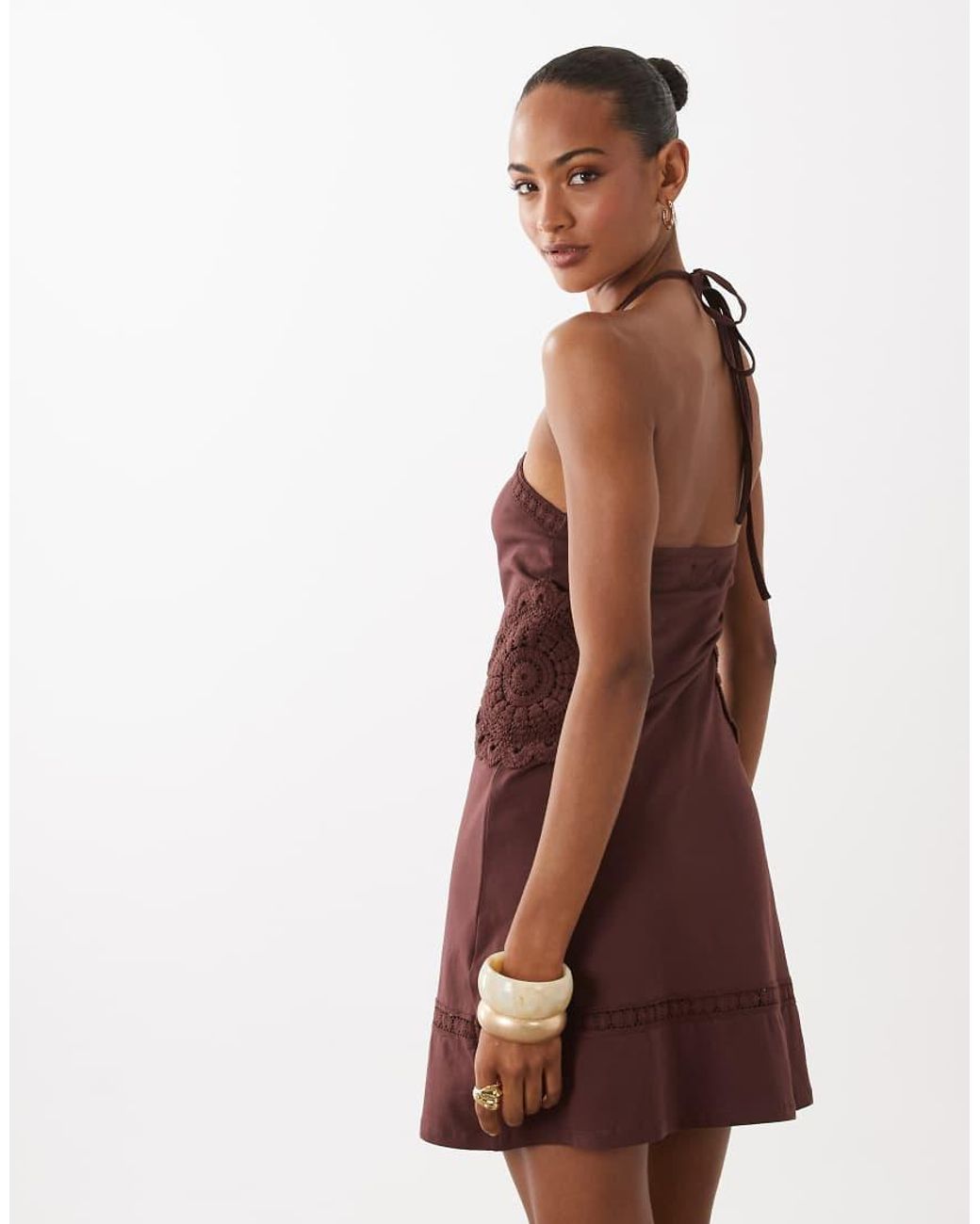 ASOS Brown Fit And Flare Crochet Patch Halter Mini Dress Chocolate
