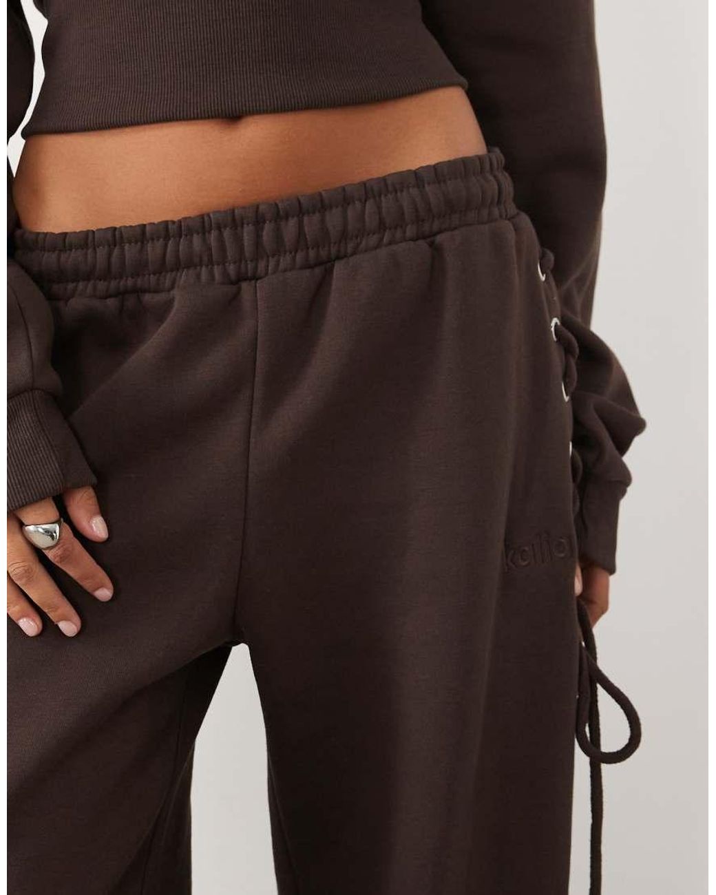 Kaiia Brown Cotton Rich Lace Up Side Detail Wide Leg joggers Co-ord