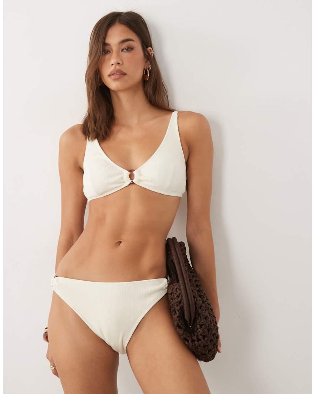 4th & Reckless Natural Crinkle Ring Detail Scoop Neck Bikini Top Co-Ord