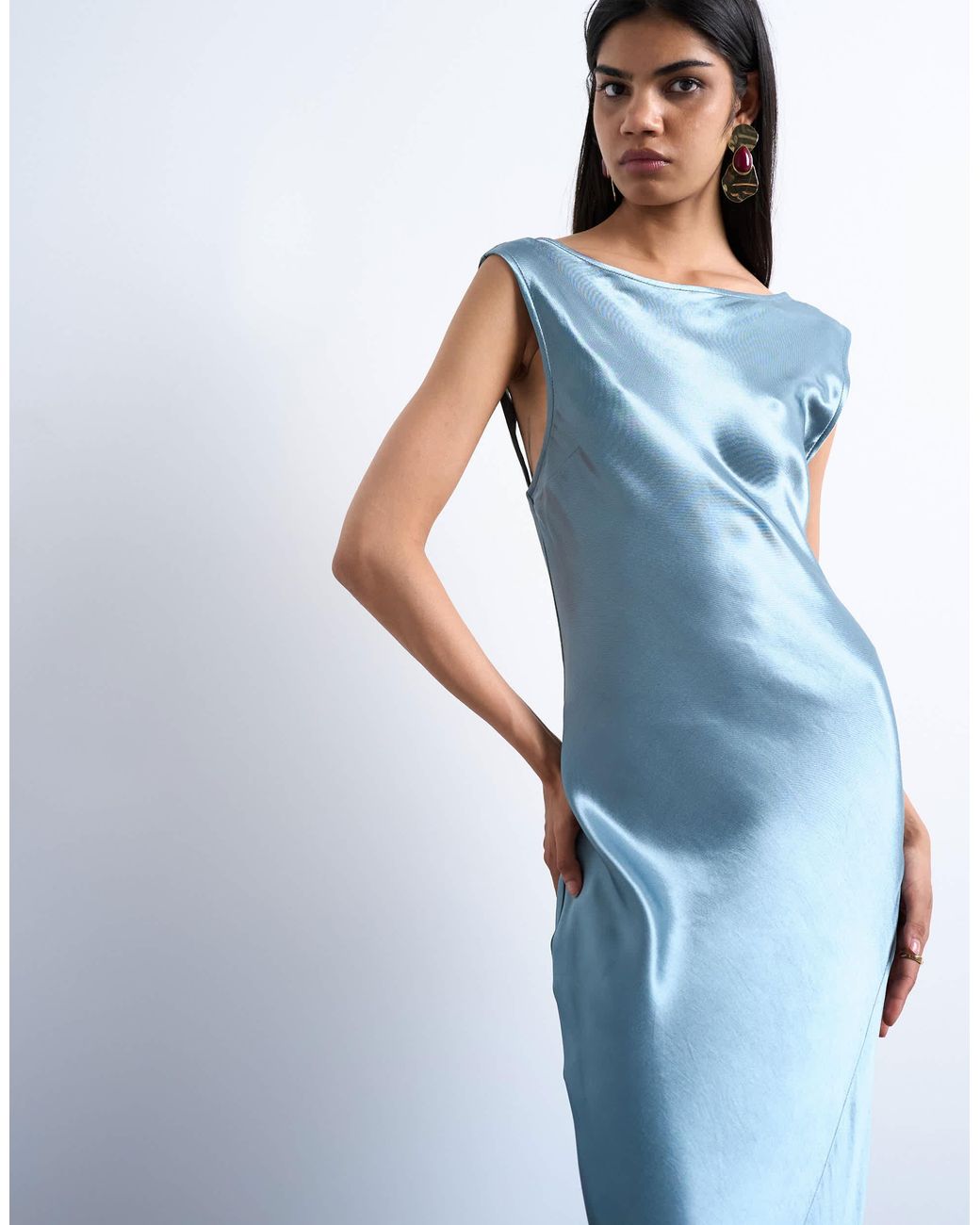 topshop open back dress Topshop High Neck Open Back throw-on cupro Midi Dress in charcoal-Gray