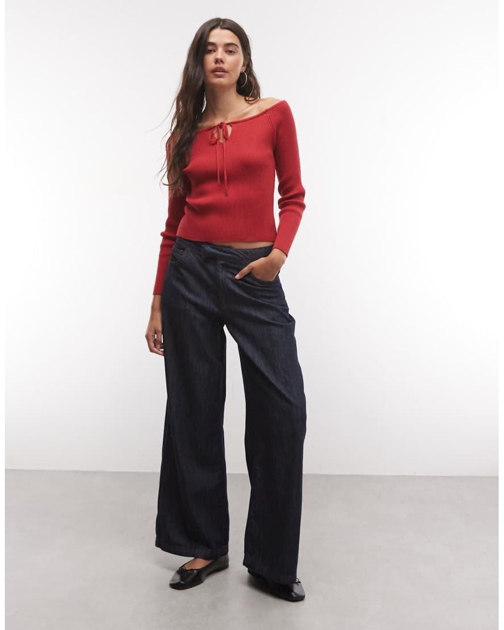 Collusion Red Off The Shoulder Long Sleeve Cut Out Knitted Top