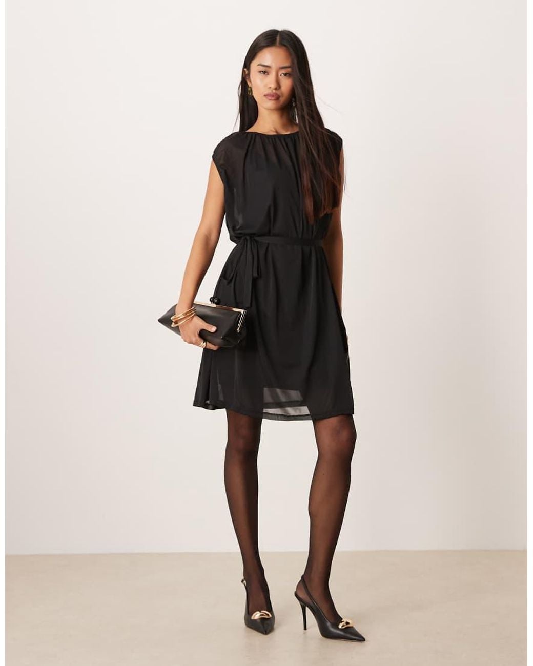 Vila Black Tie Waist Chiffon Mini Dress