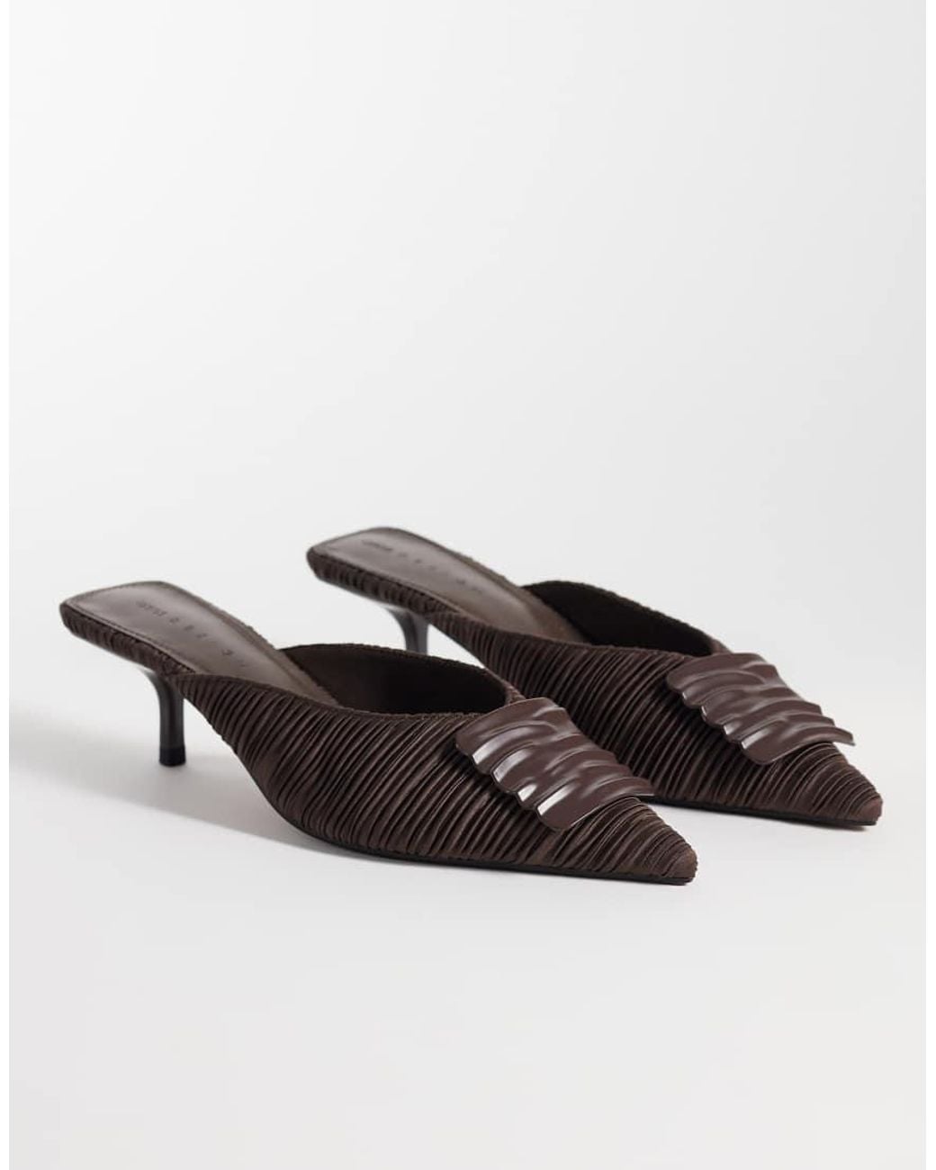 ASOS Brown Surprise Wavy Trim Detail Pointed Kitten Heeled Mules