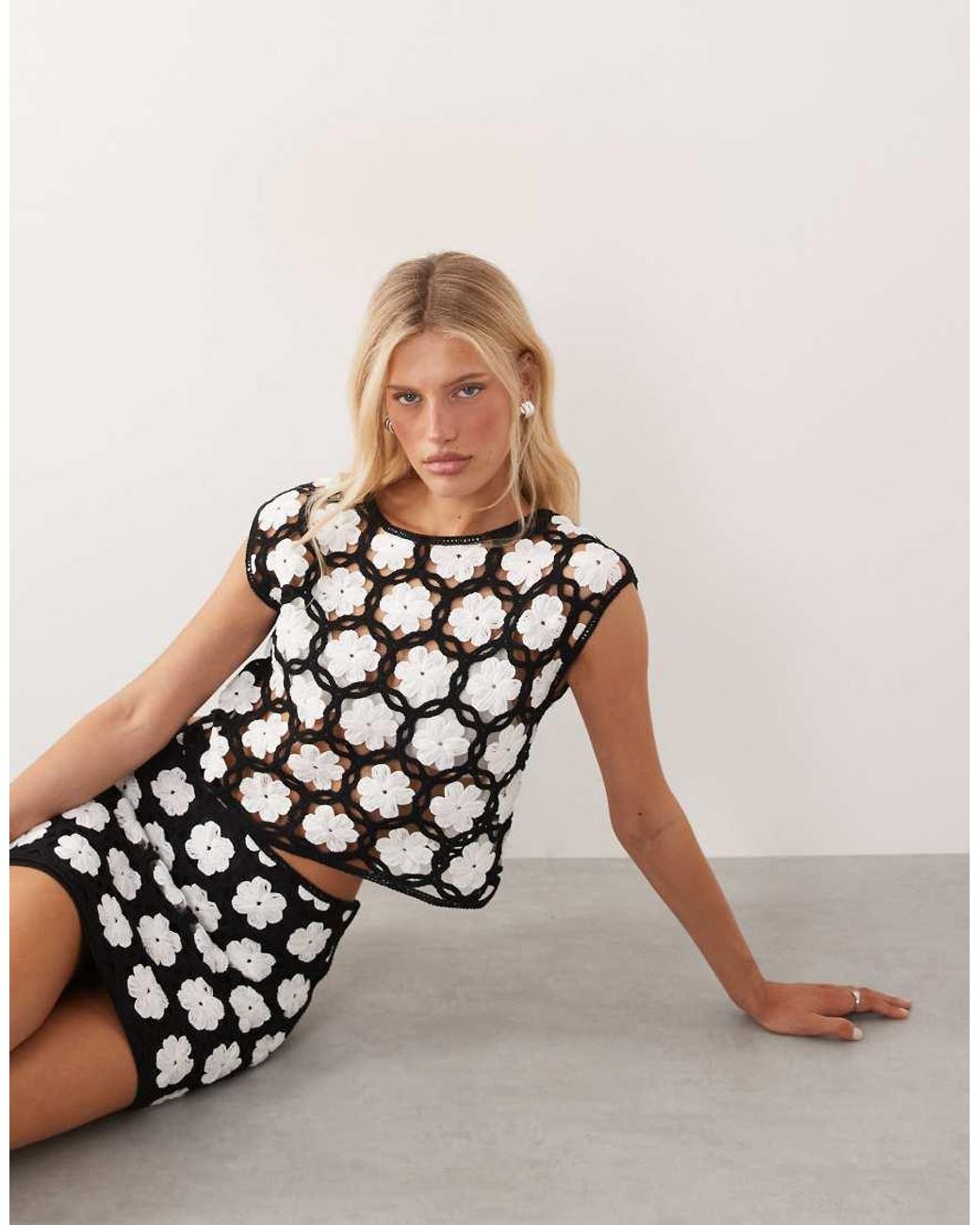 Mango Black Parasol Crochet Sheer Cap Sleeve Crop Top Co-ord With Flower Detail
