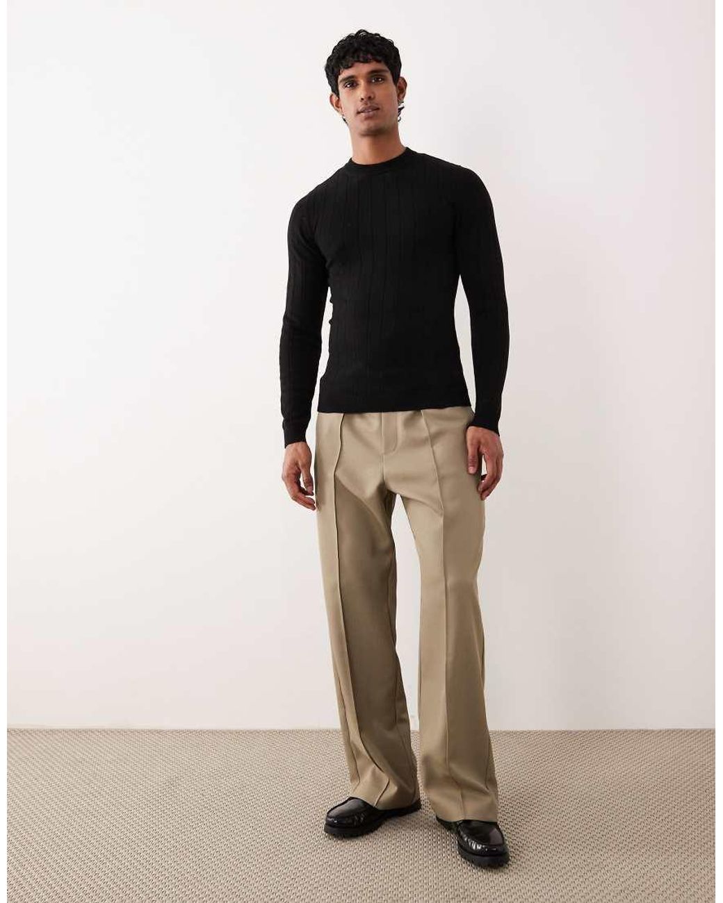 ASOS Geribbeld Gebreid Muscle Fit T-Shirt Met Lange Mouwen in het Black voor heren