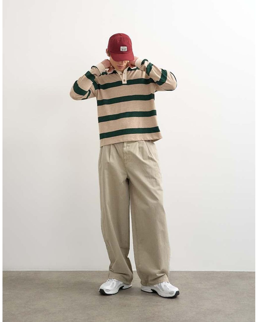 Topman Green Relaxed Cropped Long Sleeve Rugby Polo for men