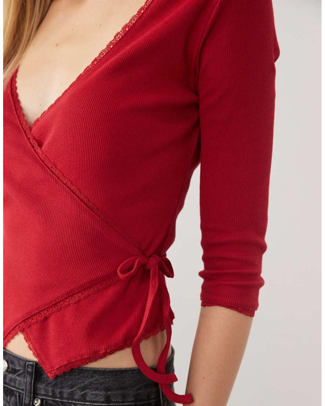 Miss Selfridge Red 3/4 Sleeve Wrap Top