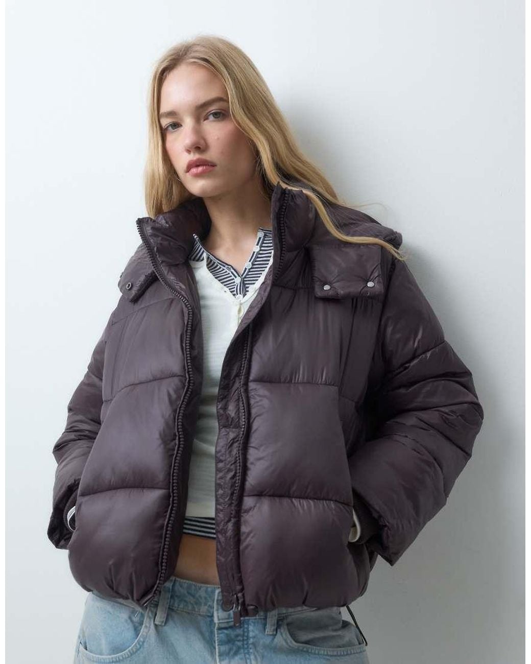 ASOS Gray Mercerized Short Hooded Padded Jacket