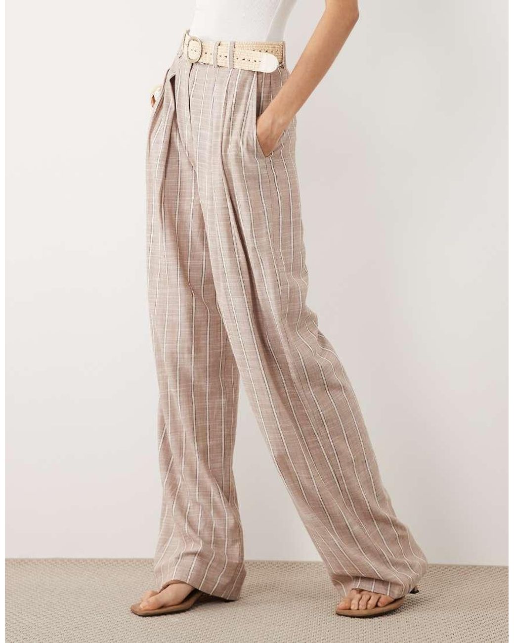 ASOS Pink Tall Tailored Belted Wide Leg Trouser With Linen