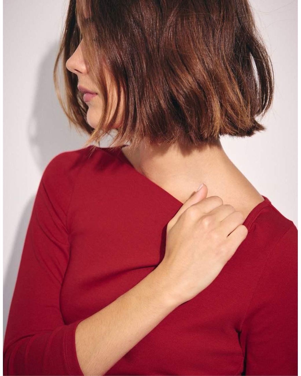 Stradivarius Red Boat Neck 3/4 Sleeve T-shirt