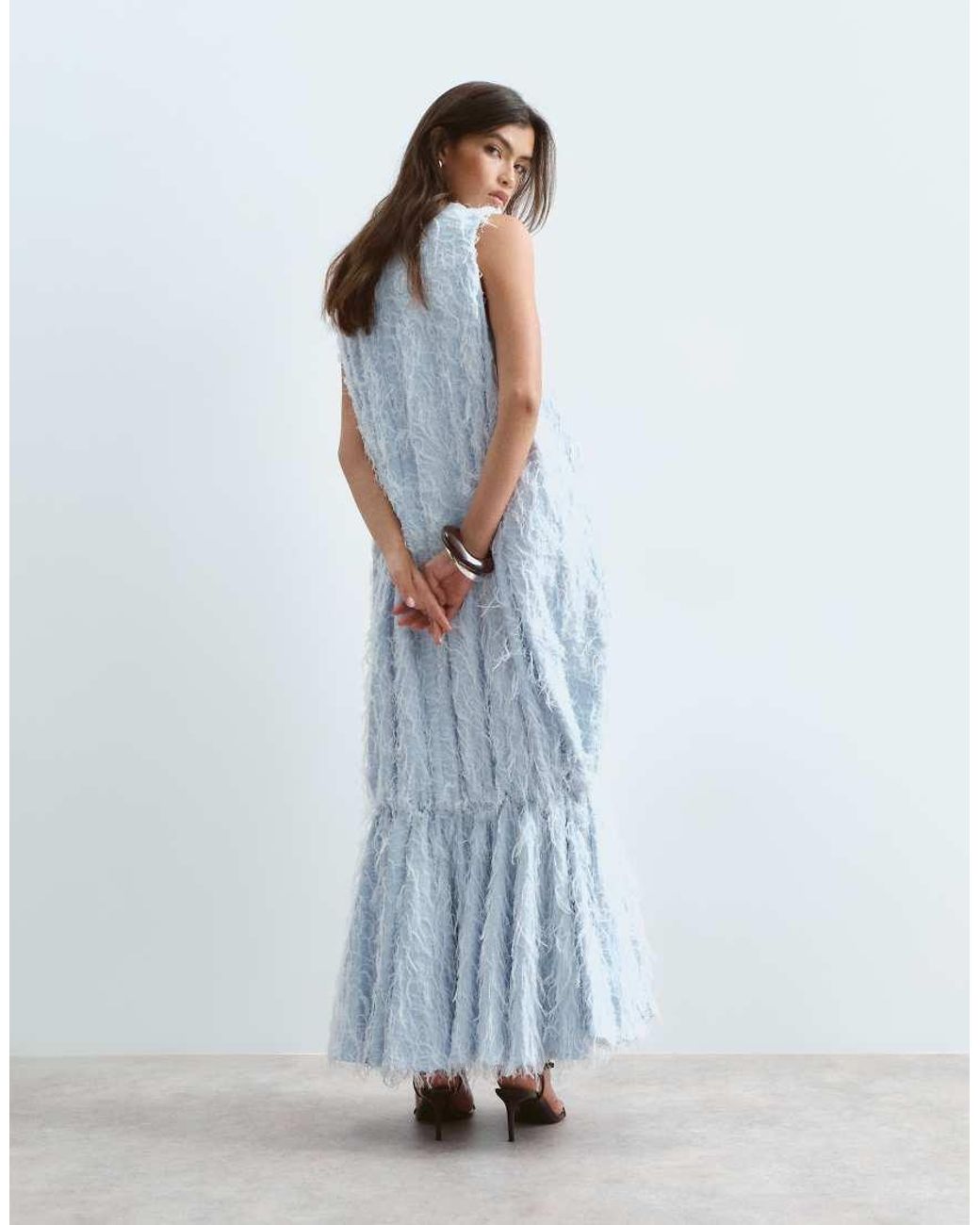 ARRANGE Blue Textured Maxi Dress With Frill Detail