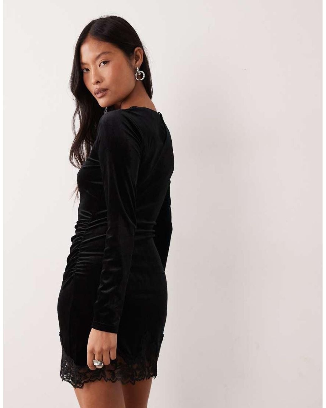 New Look Black Lace Trim Long Sleeve Velvet Mini Dress