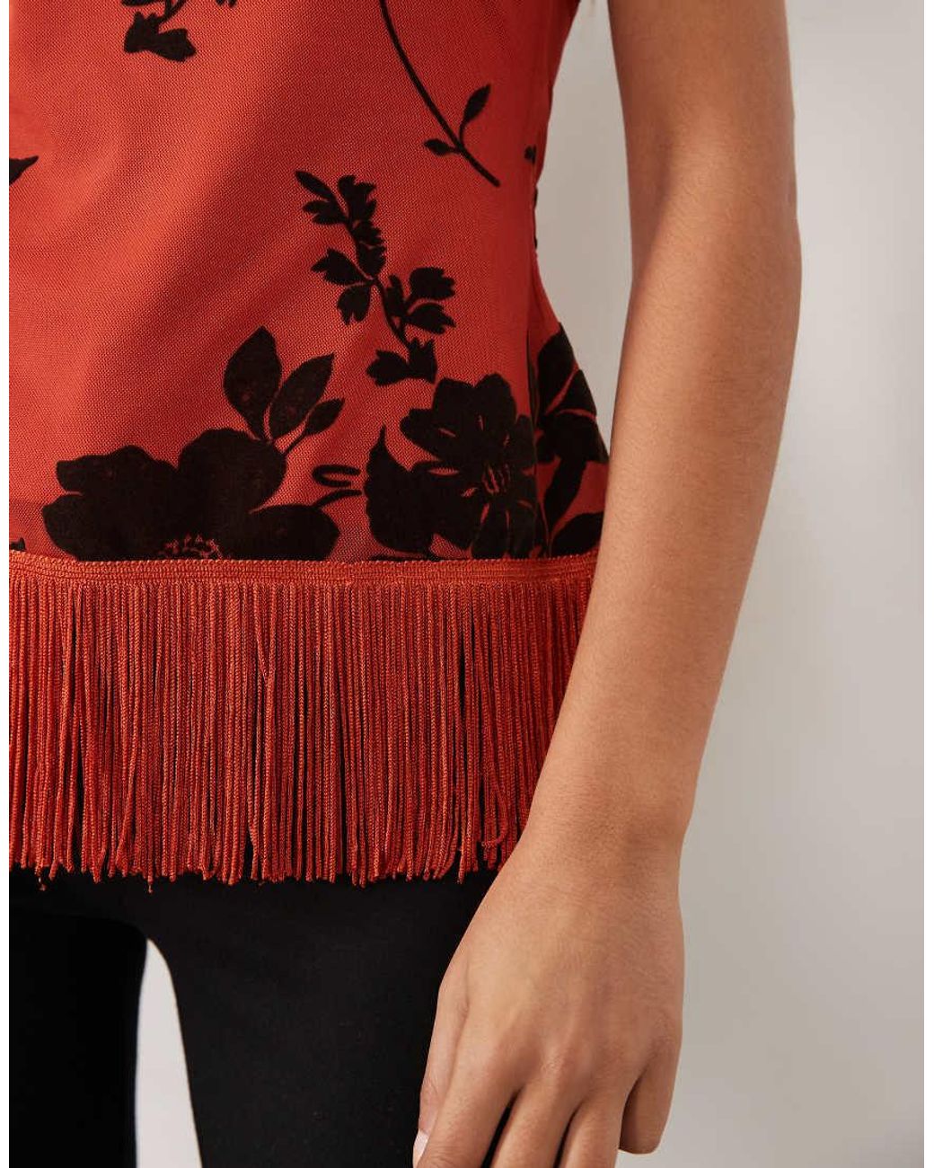 ASOS Red High Neck Halter Fringe Top With Flocked Floral