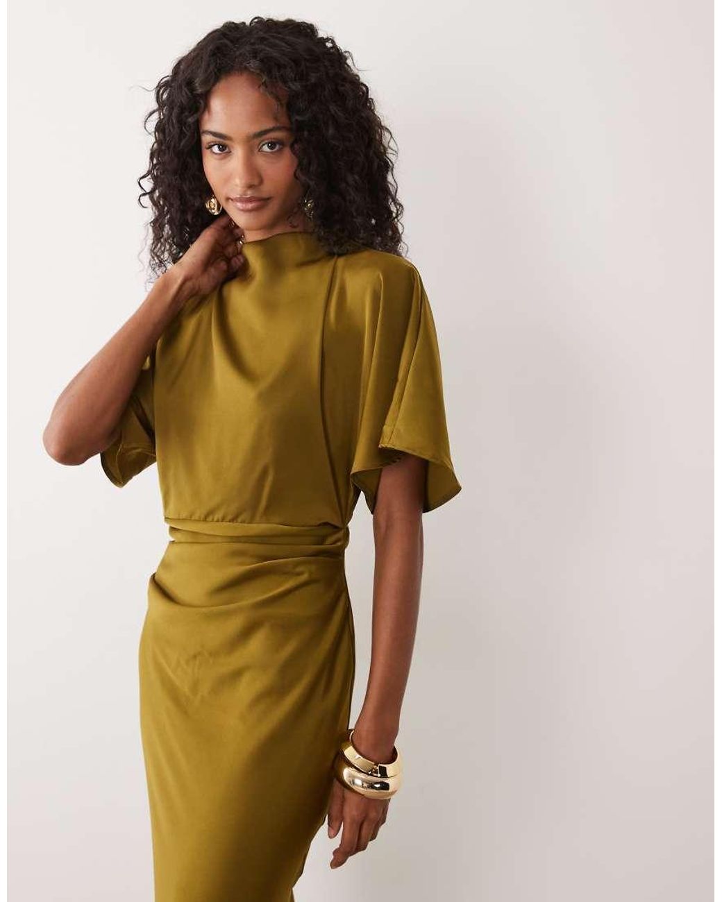 ASOS Metallic Satin High Neck Blouson Maxi Dress With Flutter Sleeve
