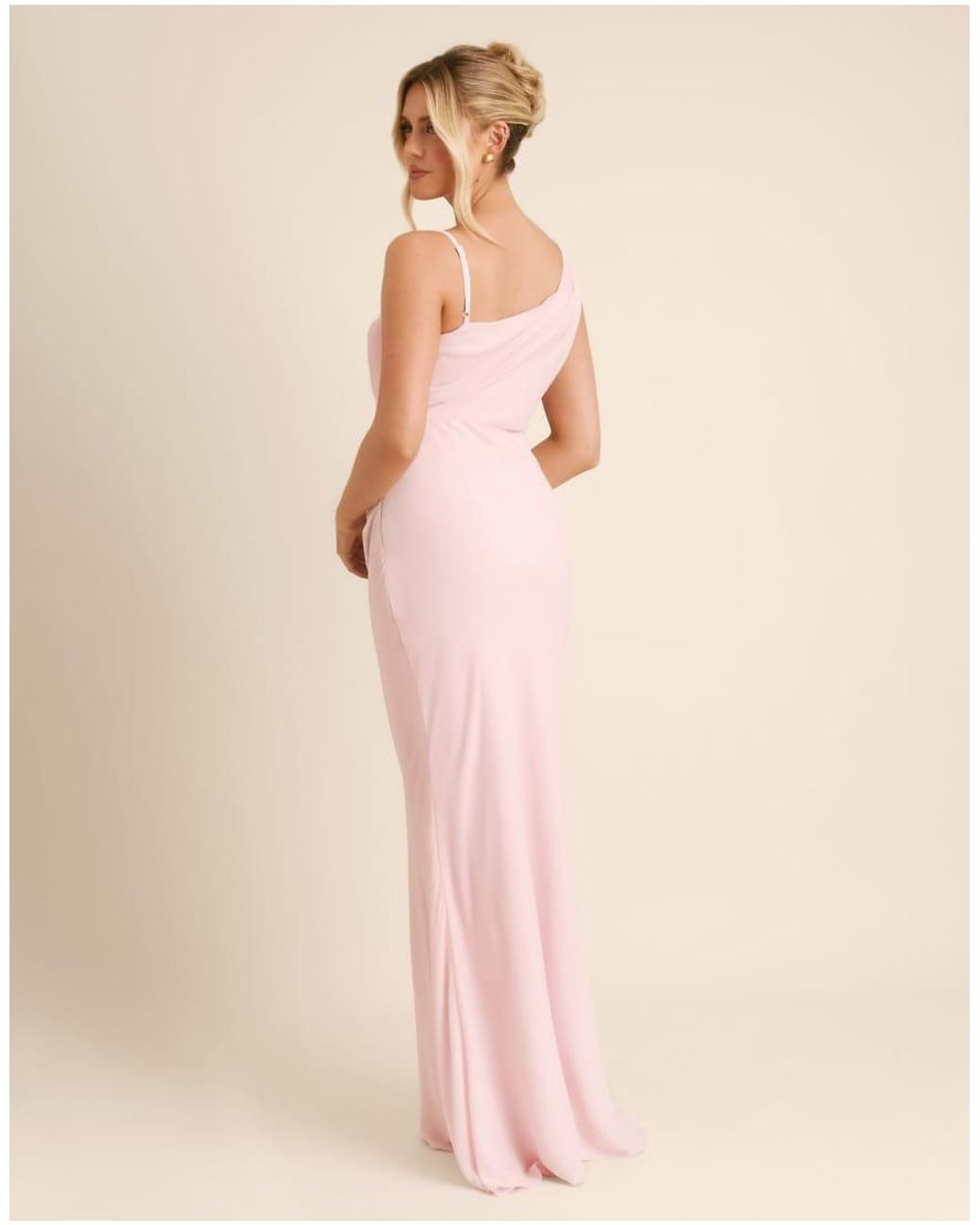 Six Stories Pink Bridesmaid Crepe Asymmetric Cowl Neck Maxi Dress