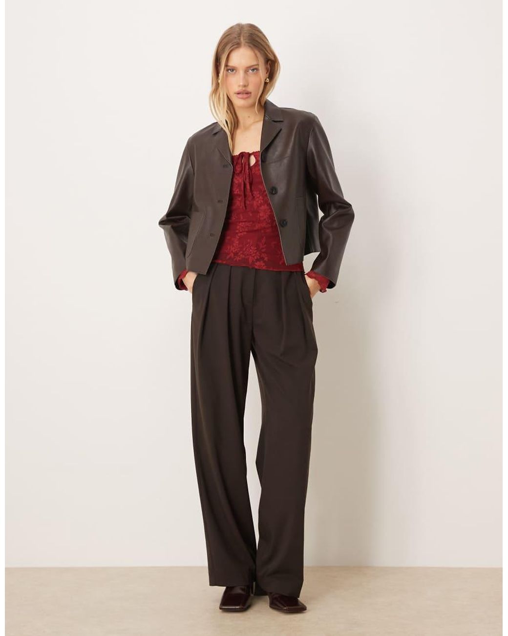 Gina Tricot Red Long Sleeve Tie Front Flower Jacquard Top