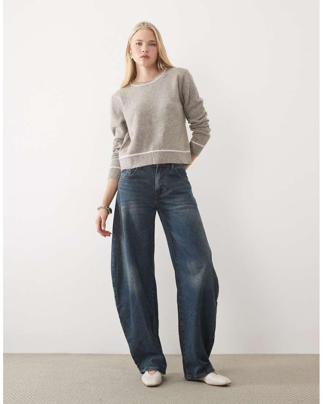 Mango Gray Teen Round Neck Knitted Jumper With Contrast Tipping