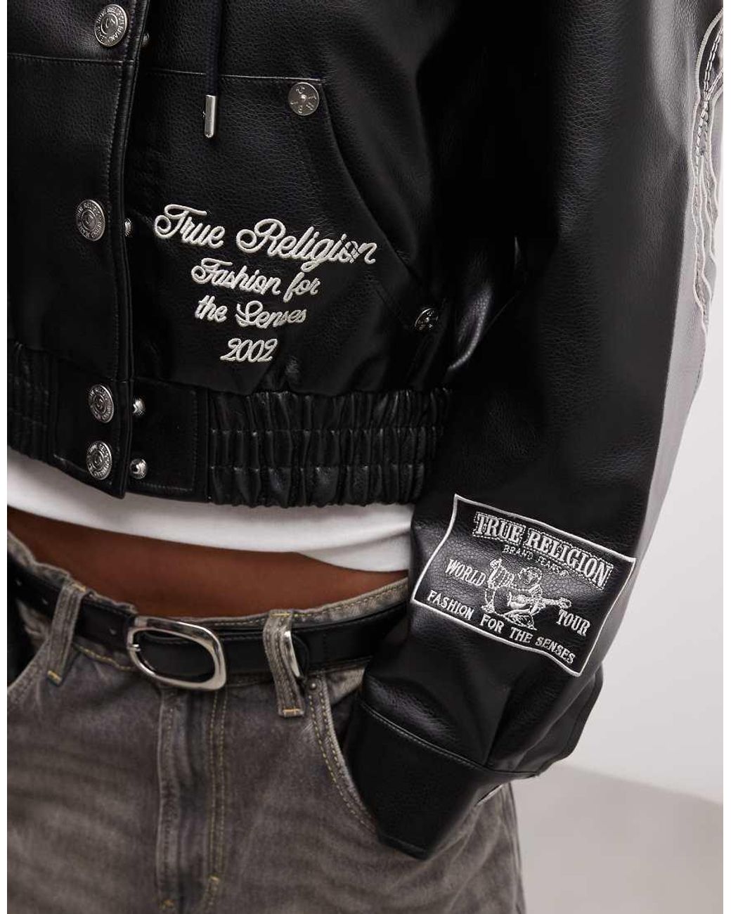 True Religion Gray Embroidered Back Graphic Faux Leather Hooded Jacket