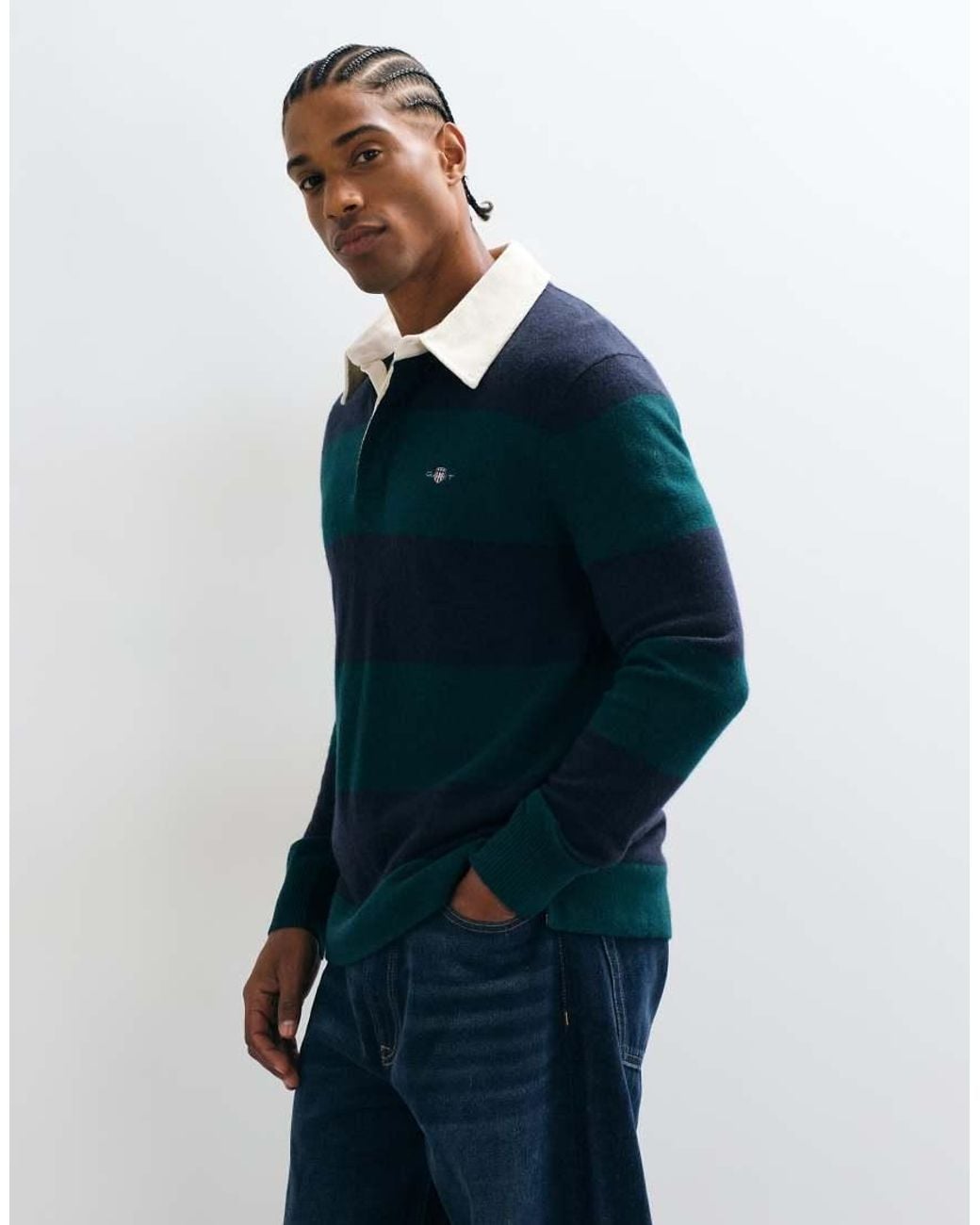 Gant Blue Fine Knit Lambswool Striped Rugby Polo for men