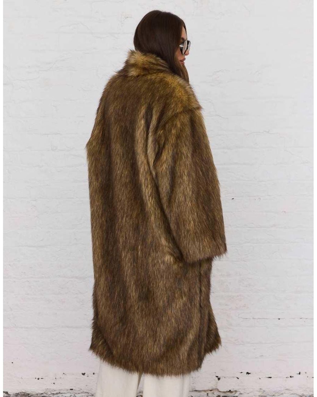 Aria Cove Brown Faux Fur Collarless Oversized Longline Coat