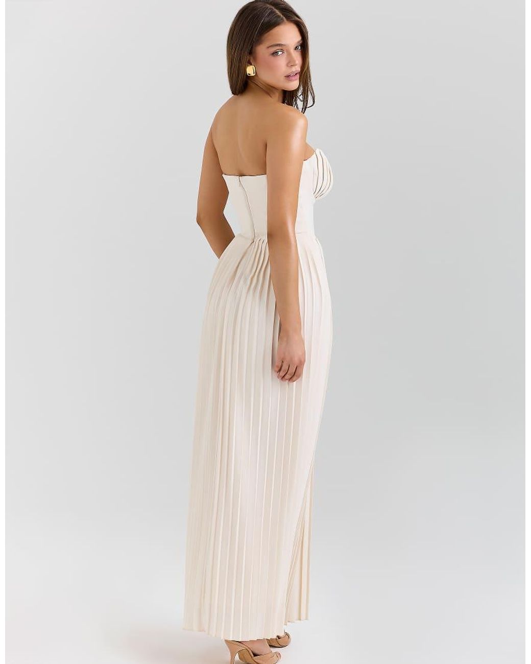 House Of Cb Natural Marcella Ivory Georgette Pleated Maxi Dress