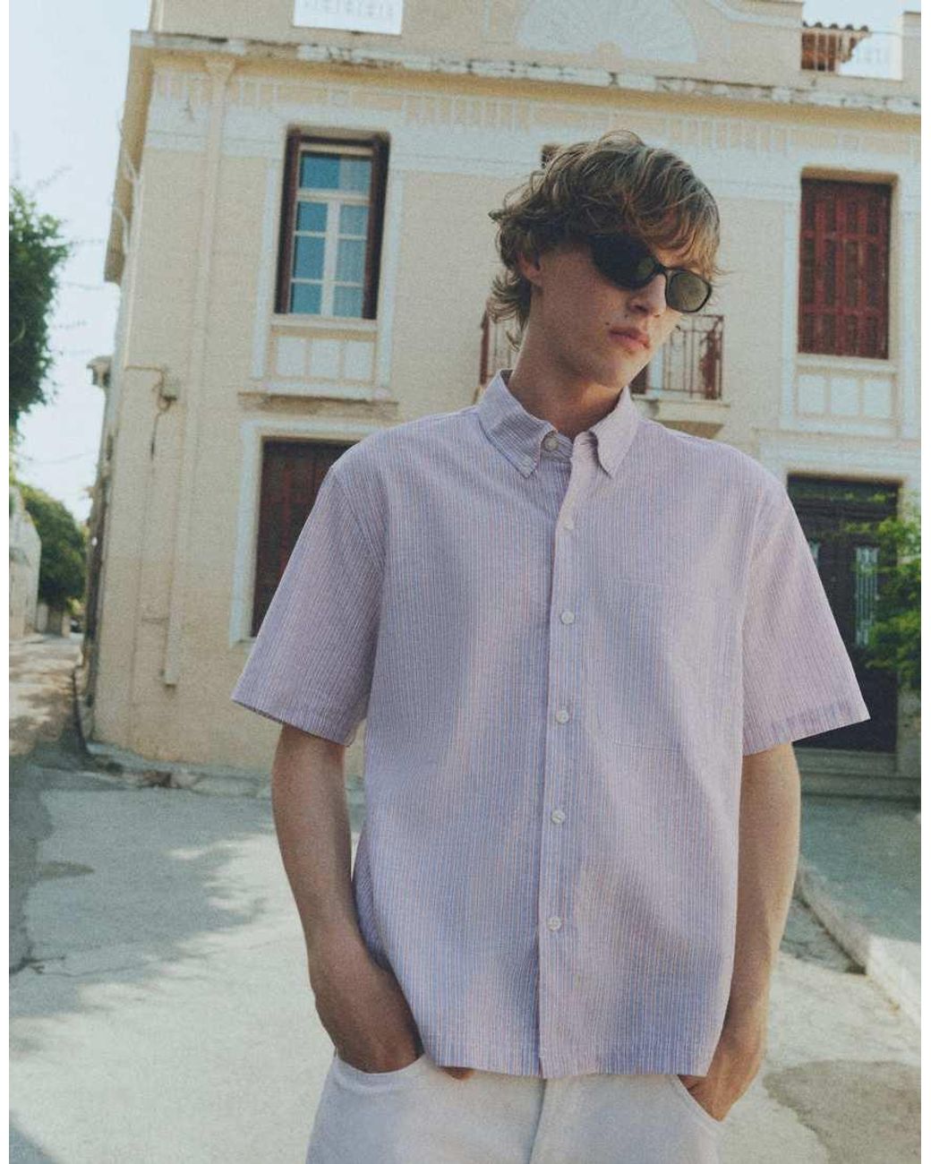 Pull&Bear Gray Striped Short Sleeve Shirt for men