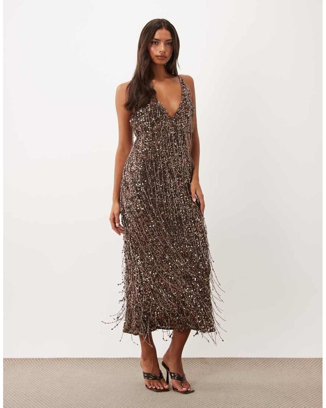 ASOS Brown Mixed Sequin Plunge Cami Maxi Dress