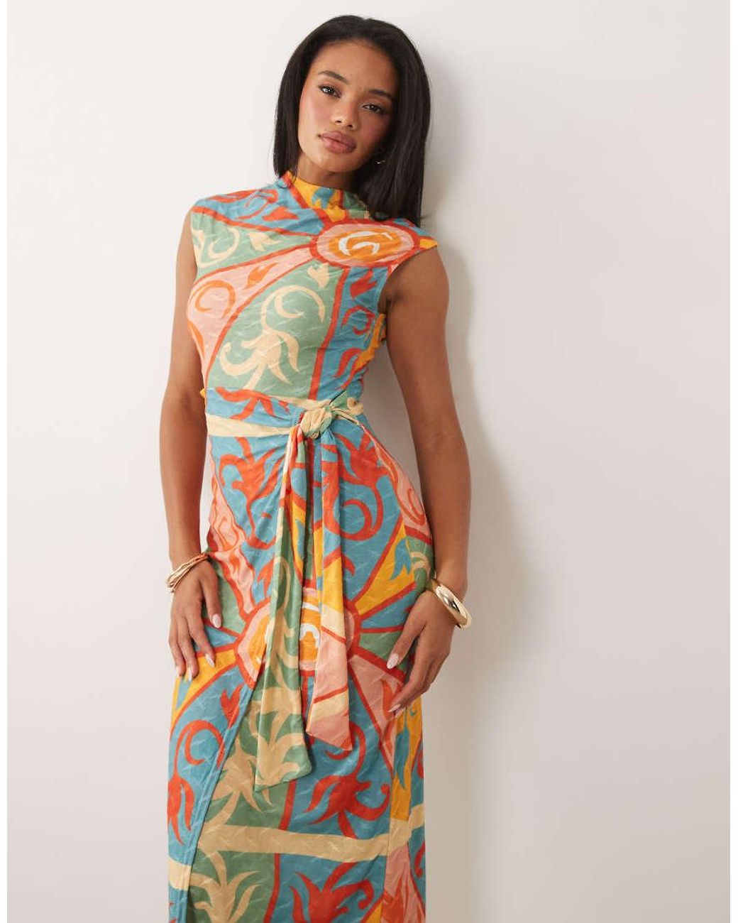 Never Fully Dressed Natural Lucy Textured Short Sleeve Tie Front Midi Dress