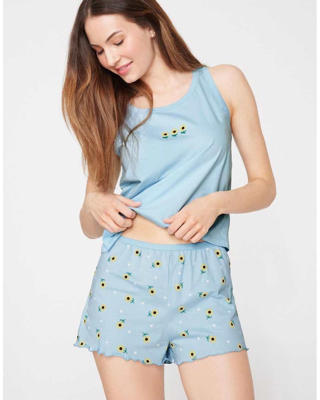 Tezenis Blue Printed Cotton Shorts With Rolled Hem