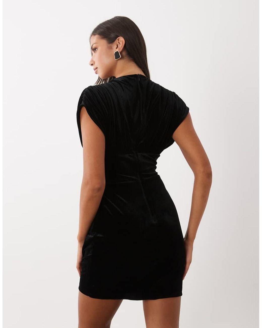 TFNC London Black Velvet Plunge Neck Ruched Shoulder Mini Dress