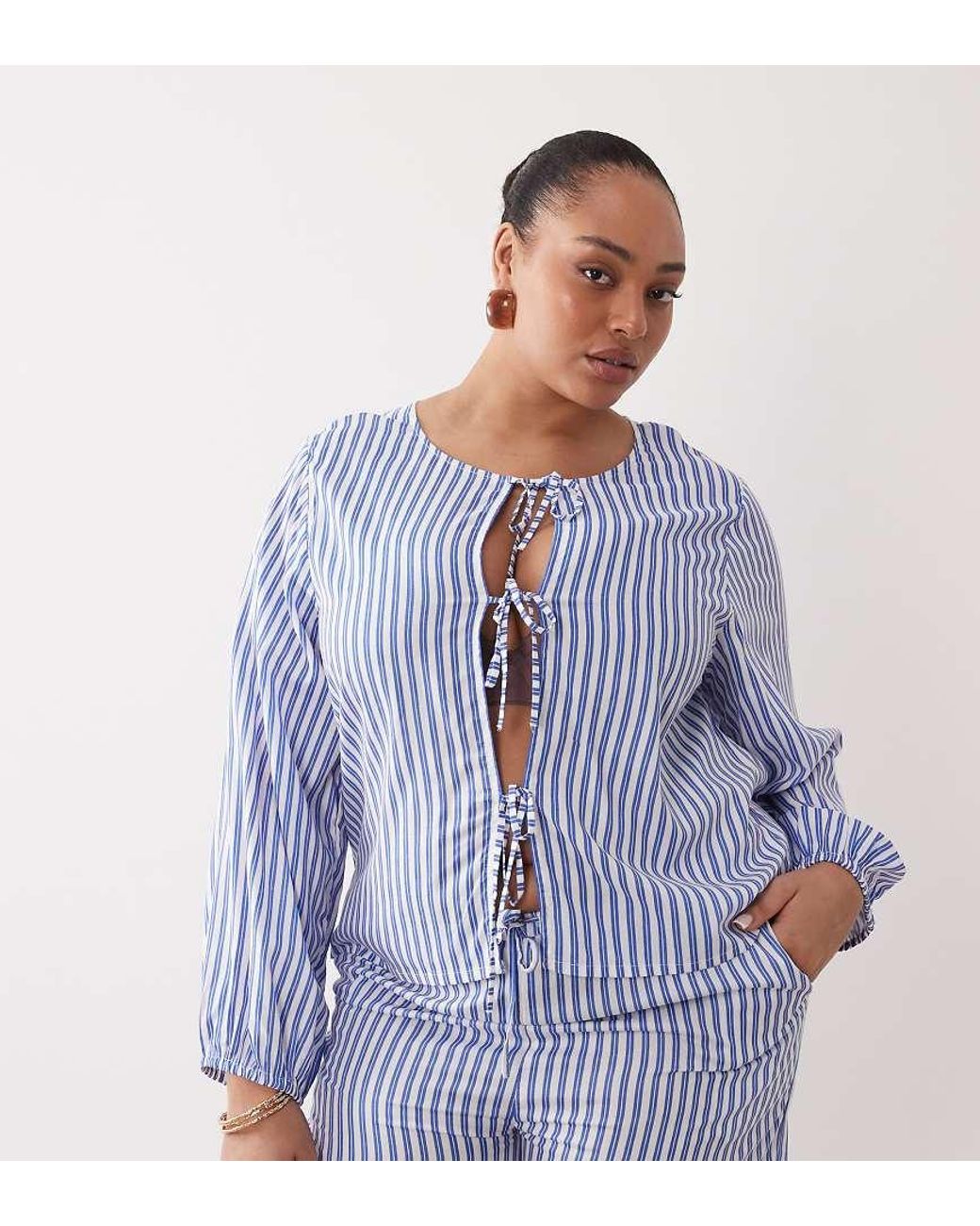 Esmee Curve Blue Tie Front Long Sleeve Beach Top