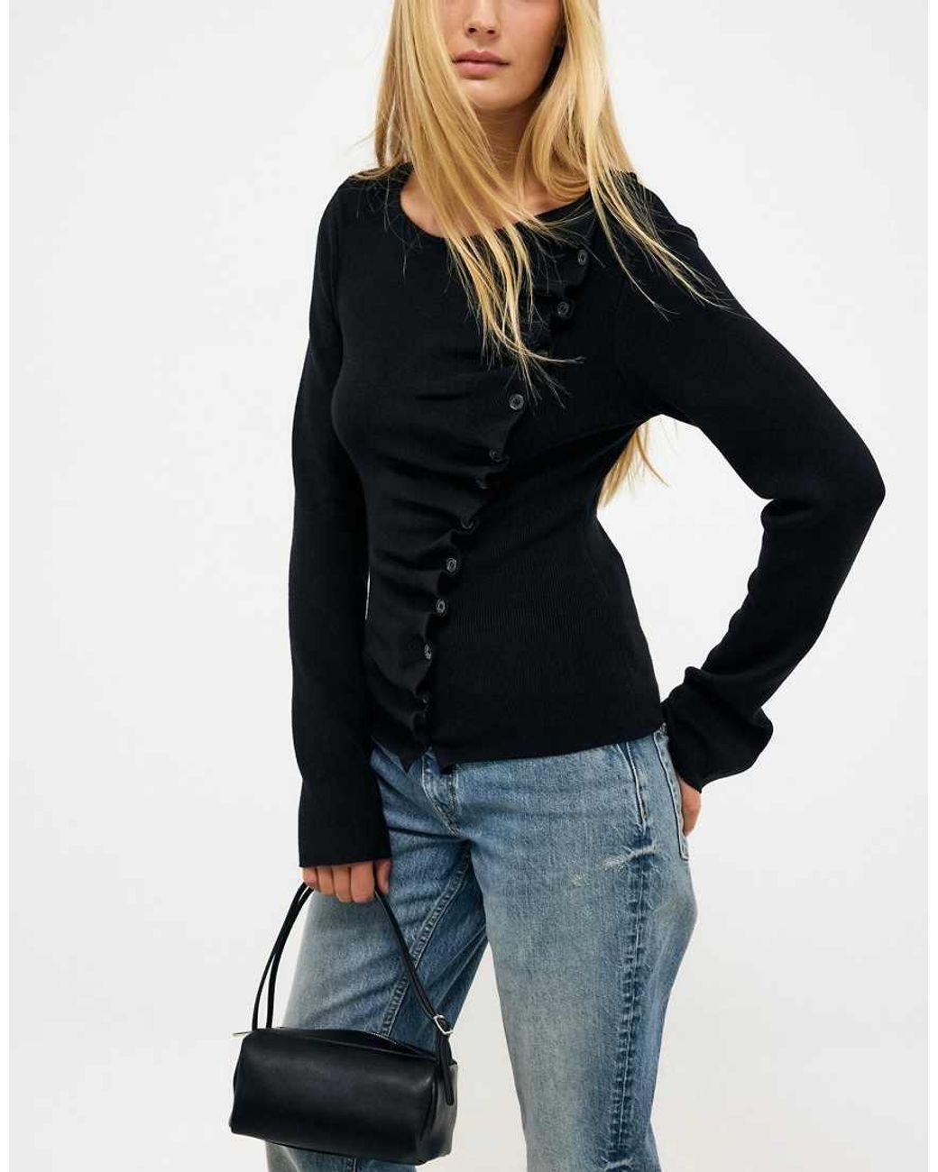 NA-KD Blue Asymmetric Buttoned Knitted Top