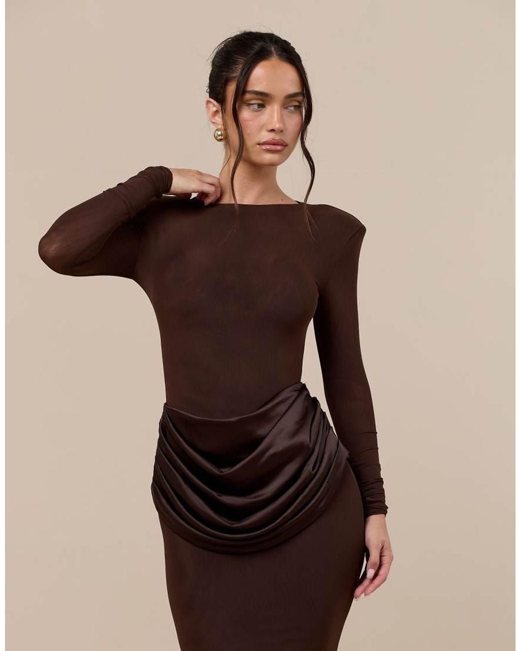 Wanderdoll Natural Eman Sculpted Slash Neck Satin Drape Waist Detail Bodycon Maxi Dress
