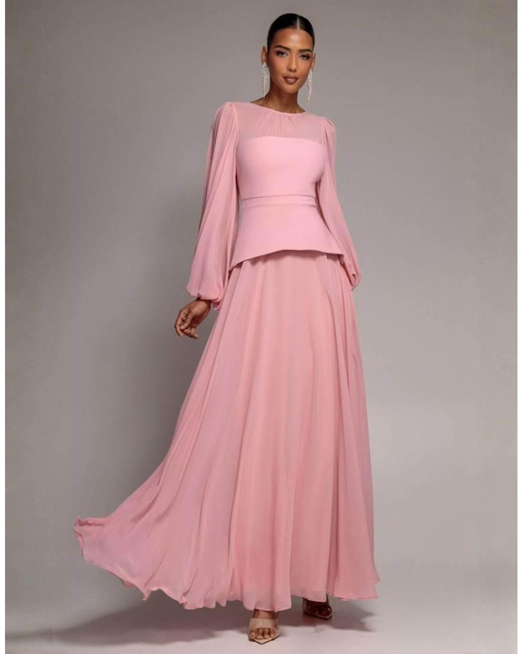 Goddiva Pink Bishop Sleeve Peplum Top Sculpting Stretch Jersey Crepe And Chiffon Maxi Dress