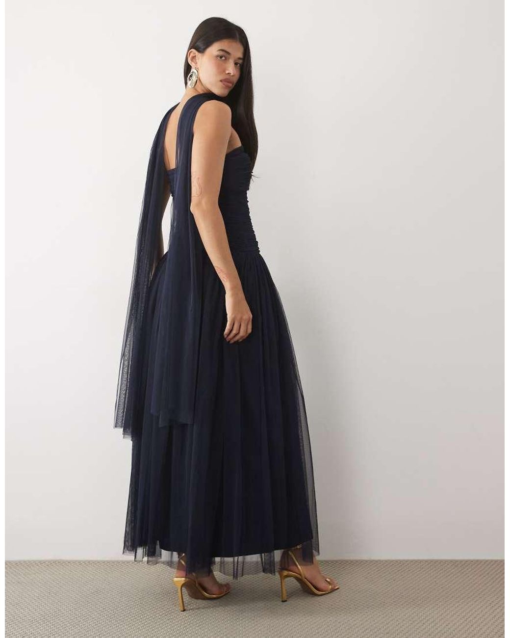 LACE & BEADS Blue Tulle Bandeau Shaped Waistband Scarf Detail Maxi Dress