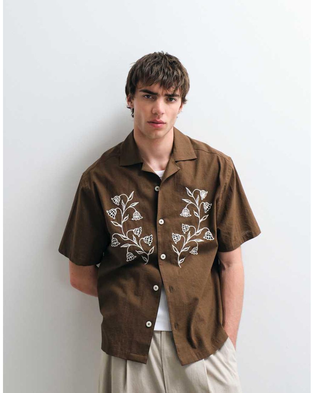ASOS COLLECTIVE Brown Relaxed Fit Cotton-linen Blend Embroidered Shirt for men