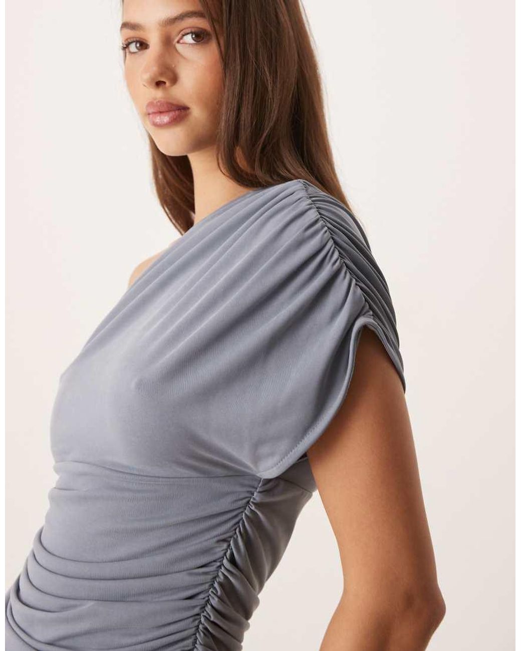 ASOS Blue Cupro One Shoulder Ruched Top