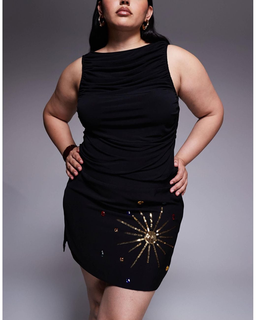 Renee Studio Black Velvet Side Split Celestial Sequin & Gem Mini Skirt