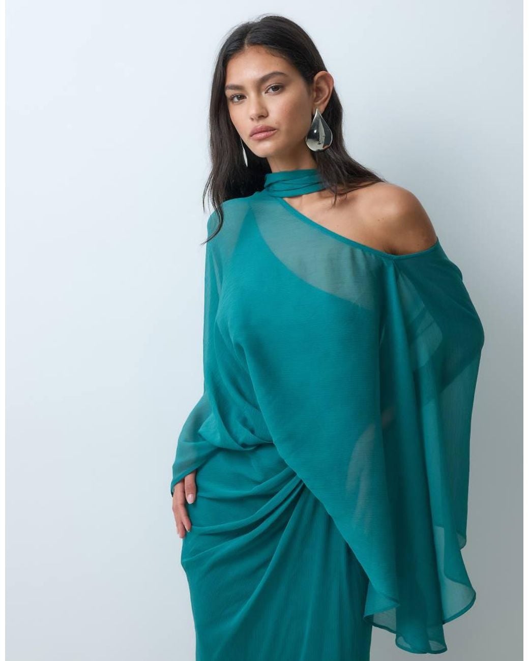 ASOS Blue Off Shoulder Chiffon Cape Maxi Dress With Scarf