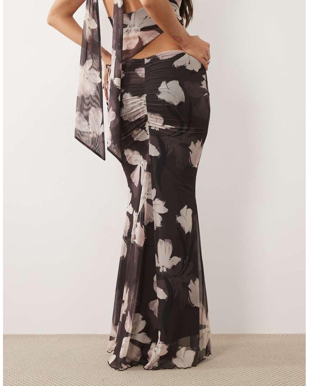 ASOS White Printed Mesh Drape Maxi Skirt