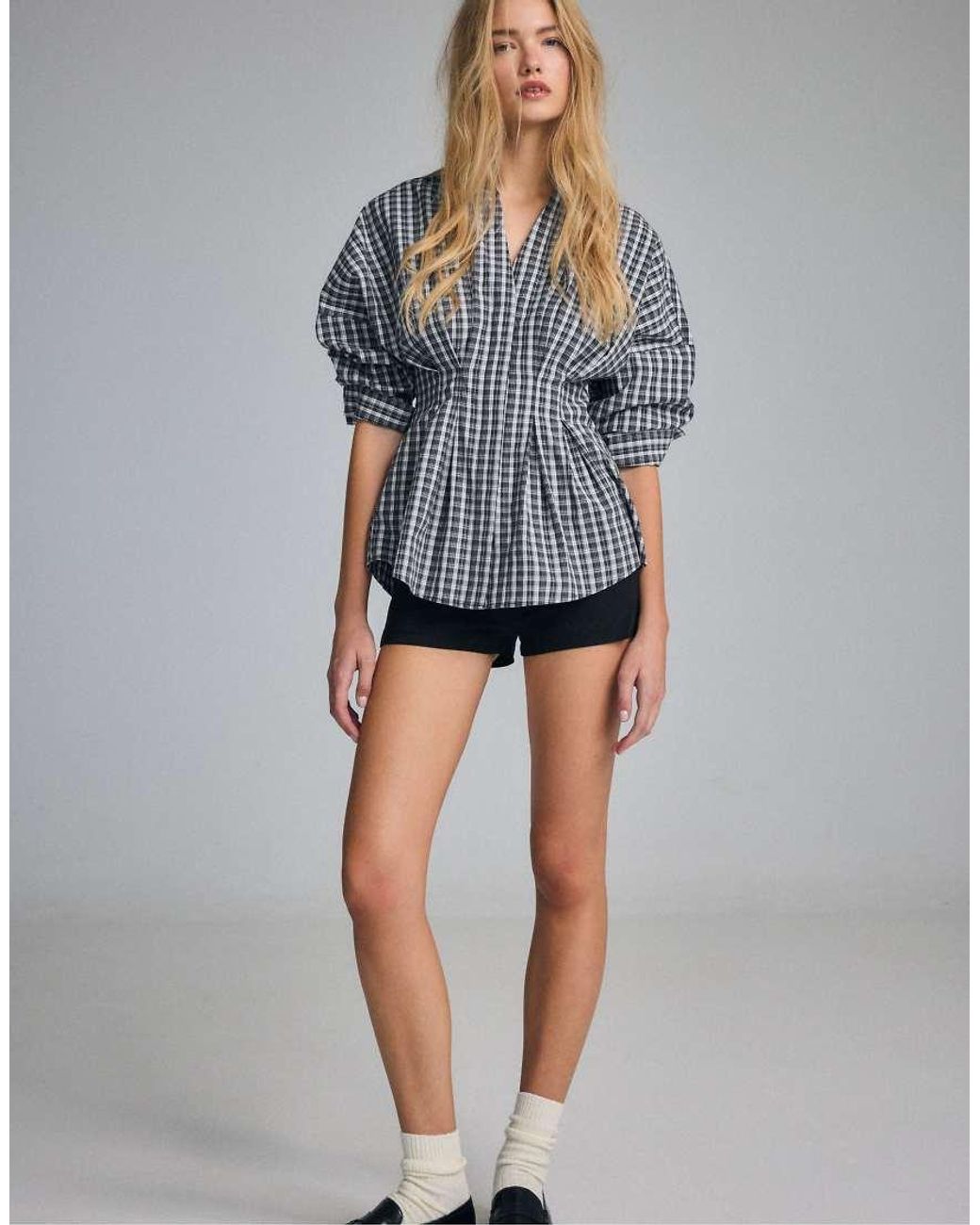 Stradivarius Gray Pleated Poplin Shirt