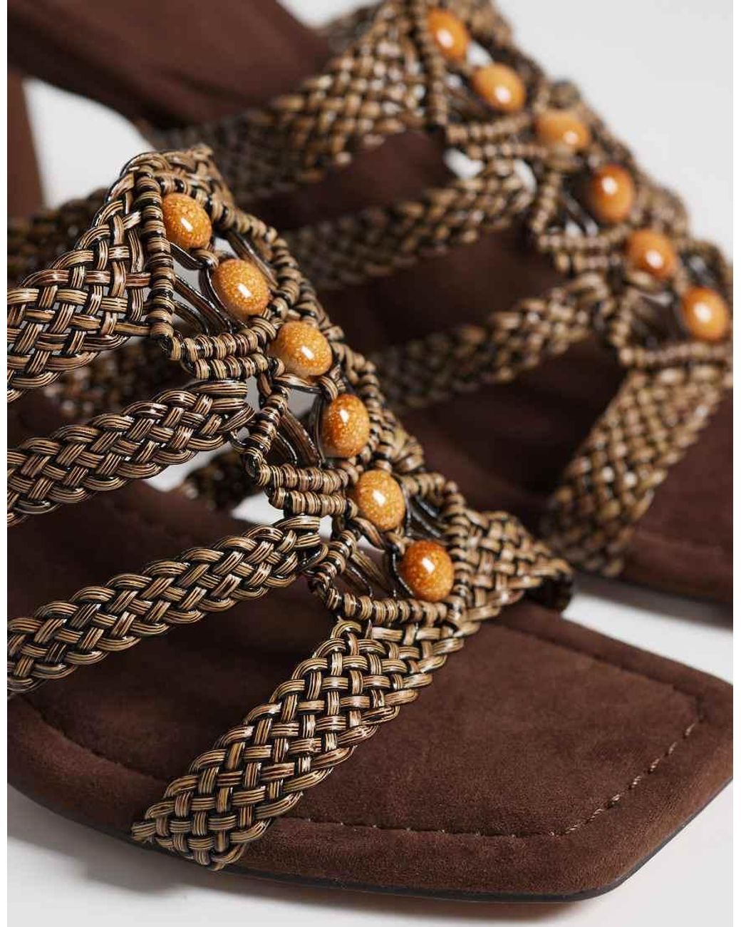 ASOS Brown Hide Beaded Weave Detail Mid Heeled Mules