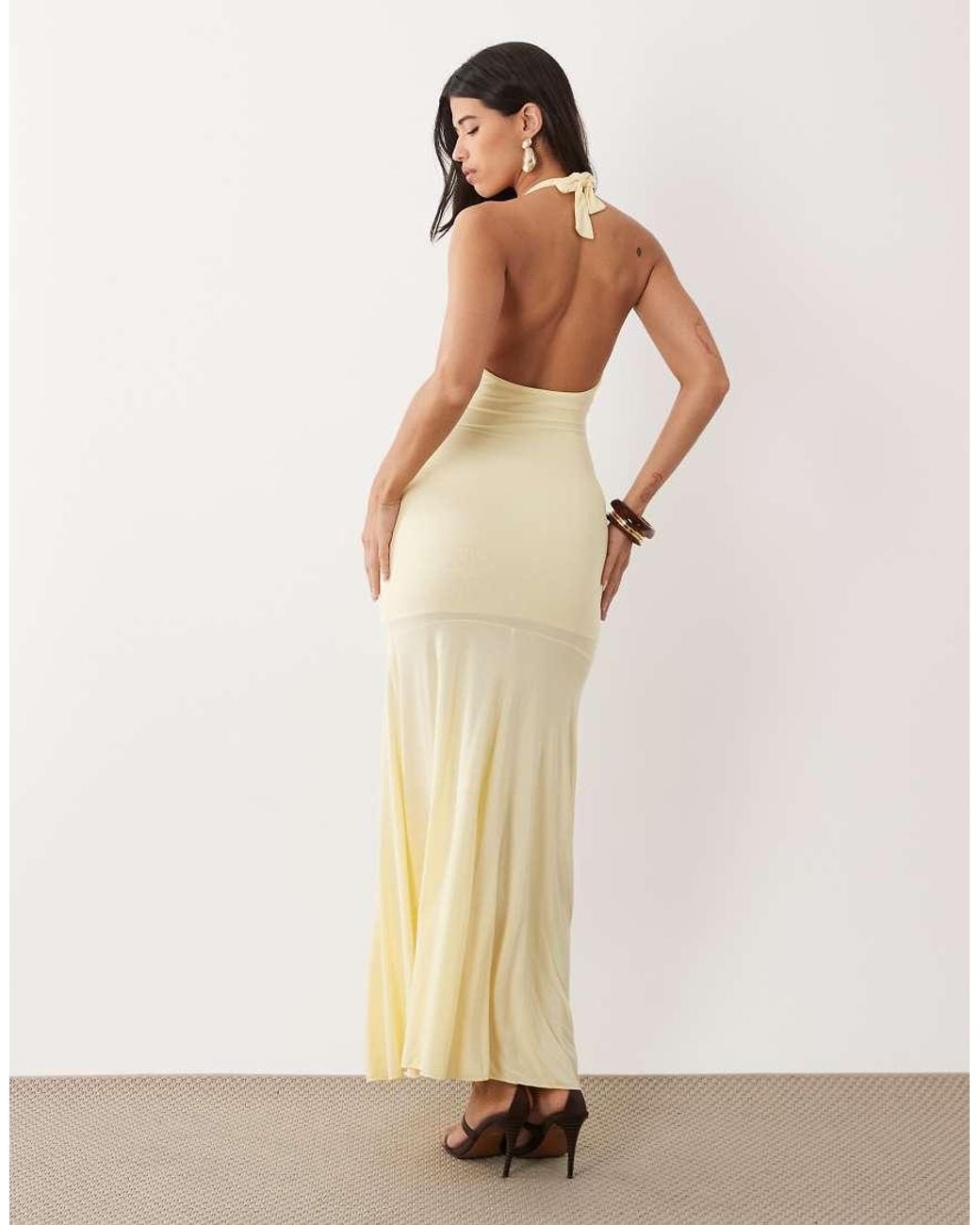 Fashionkilla Natural Exclusive Double Sculpted Slinky V Neck Halterneck Ruched Front Detail Maxi Dress