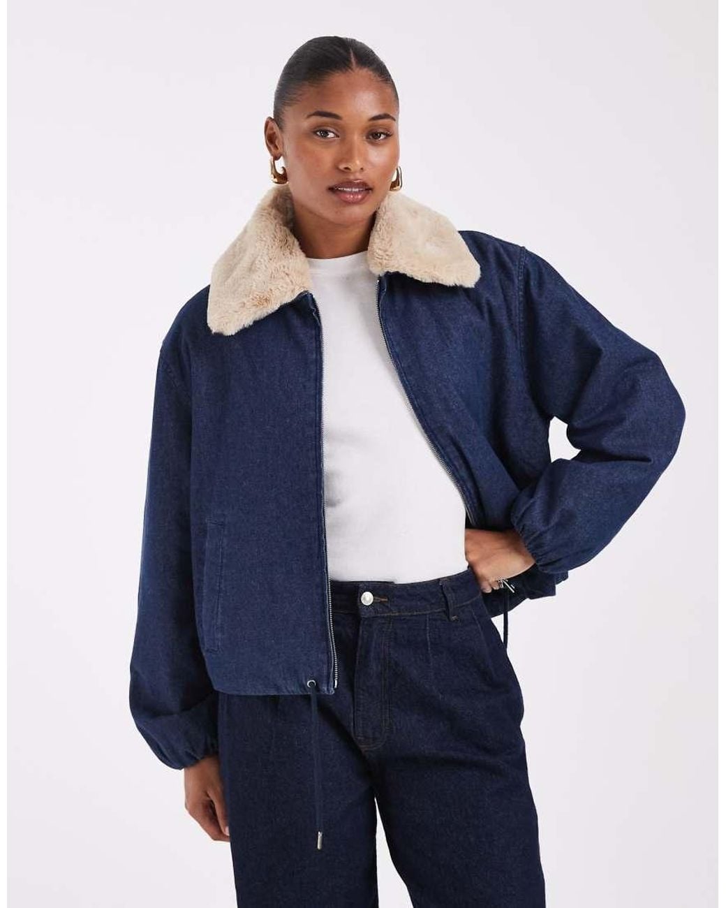 Noisy May Blue Cinch Hem Bomber With Faux Fur Collar