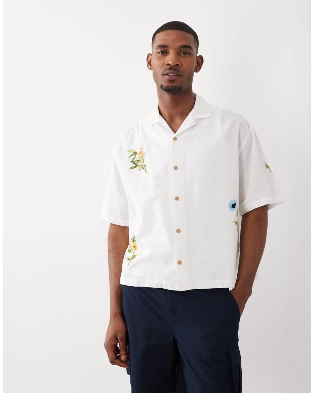 ASOS White Boxy Oversized Shirt With Linen With Floral Embroidery for men