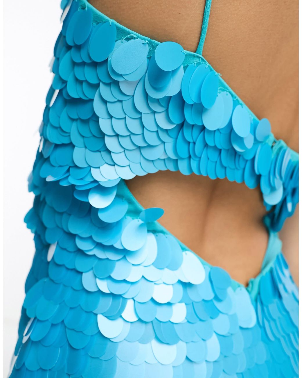 blue disc sequin dress ASOS Asos Design Petite Embellished Disc Sequin Mini Dress With Cut Out  Detail in Blue