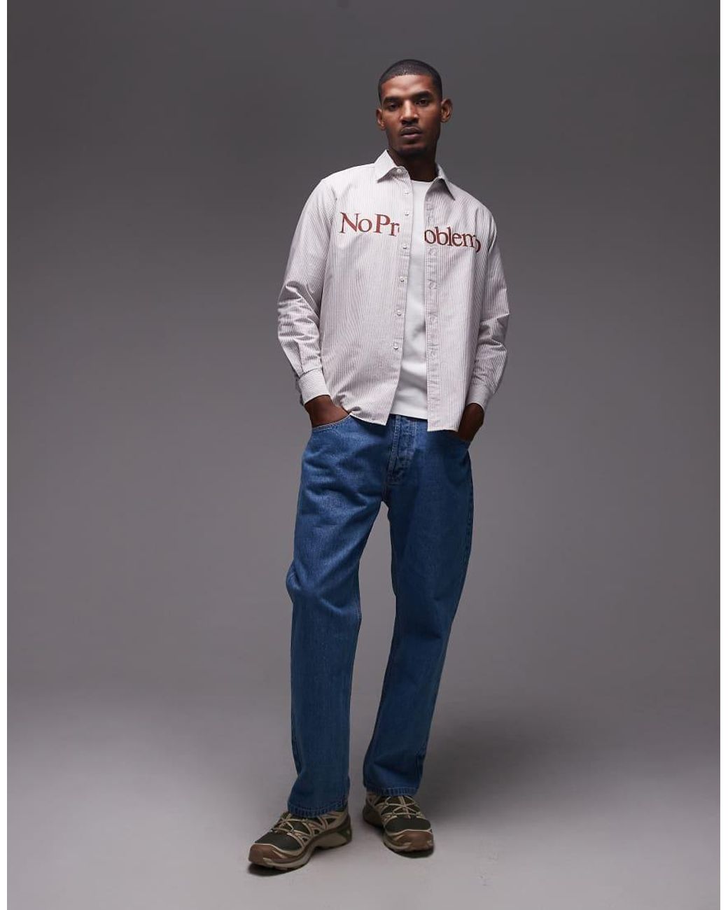 No Problemo Gray Logo Long Sleeve Cotton Oxford Shirt for men